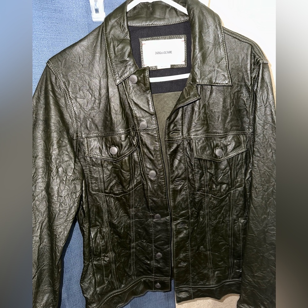 GOOD AS NEW Zadig & Voltaire Base Crinkle Leather Men’s Jacket in Dark Olive XS